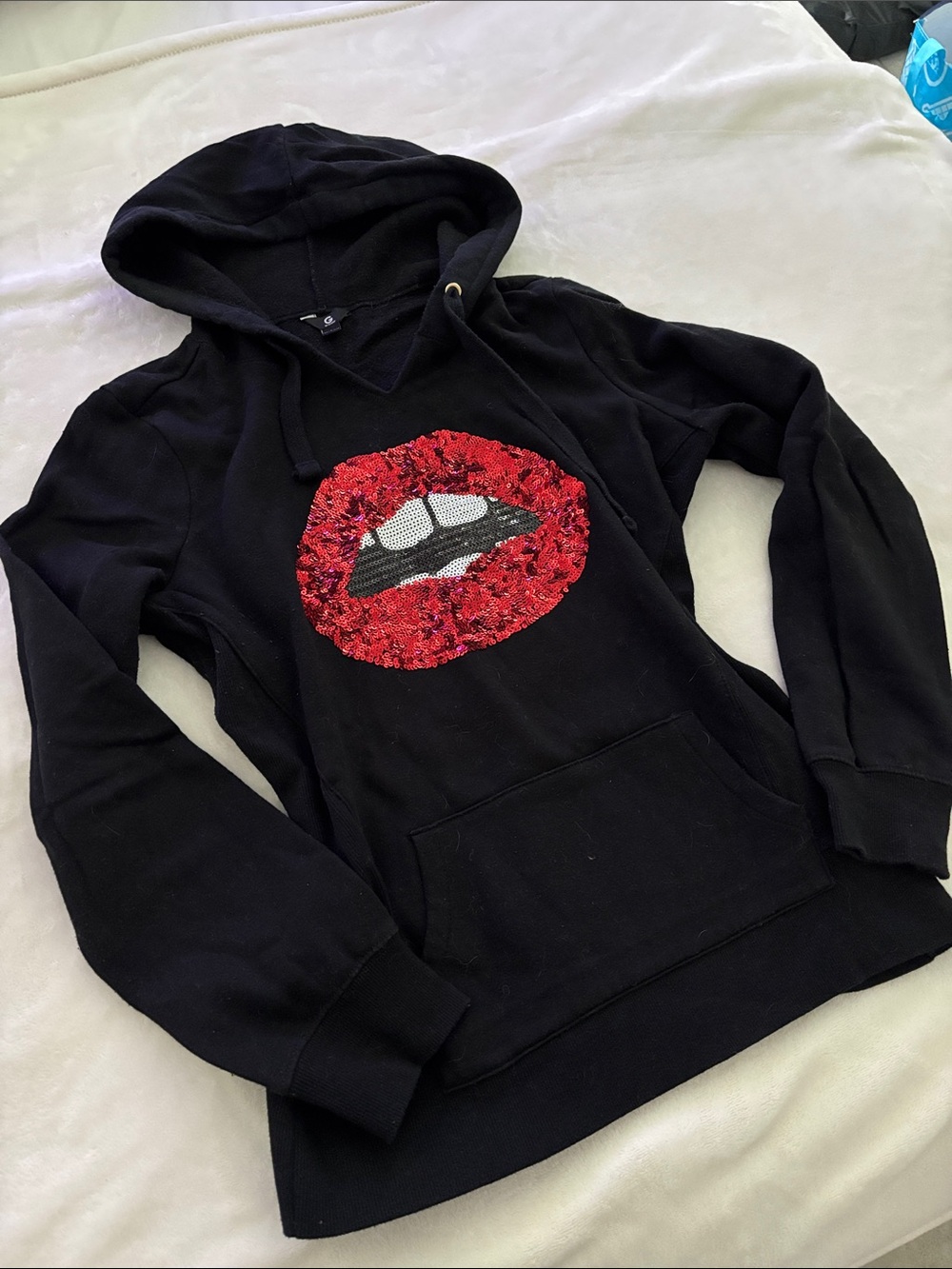 G by Guess Black Hoodie with Red Sequin Lip Motif
